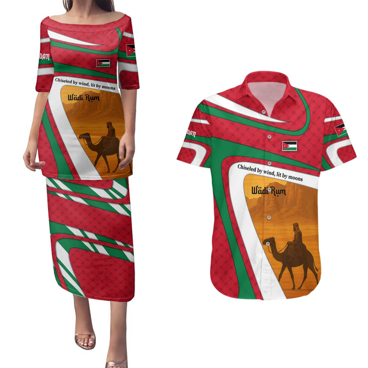 Wadi Rum Desert Couples Matching Puletasi and Hawaiian Shirt with Camel Rider and Jordan Flag Colors