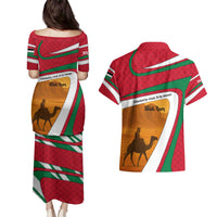 Wadi Rum Desert Couples Matching Puletasi and Hawaiian Shirt with Camel Rider and Jordan Flag Colors