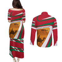 Wadi Rum Desert Couples Matching Puletasi and Long Sleeve Button Shirt with Camel Rider and Jordan Flag Colors