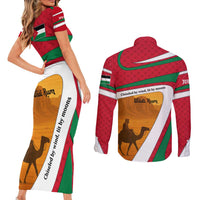 Wadi Rum Desert Couples Matching Short Sleeve Bodycon Dress and Long Sleeve Button Shirt with Camel Rider and Jordan Flag Colors