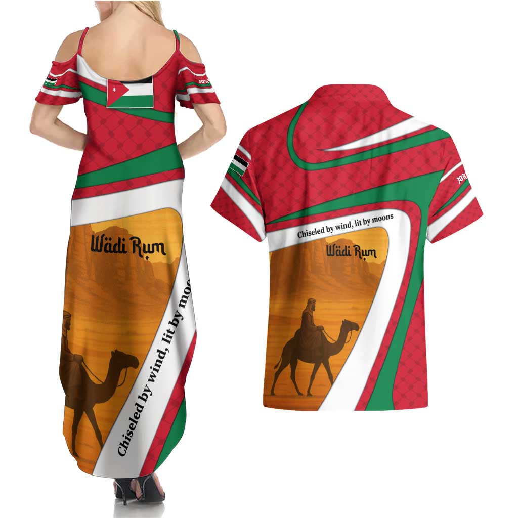 Wadi Rum Desert Couples Matching Summer Maxi Dress and Hawaiian Shirt with Camel Rider and Jordan Flag Colors