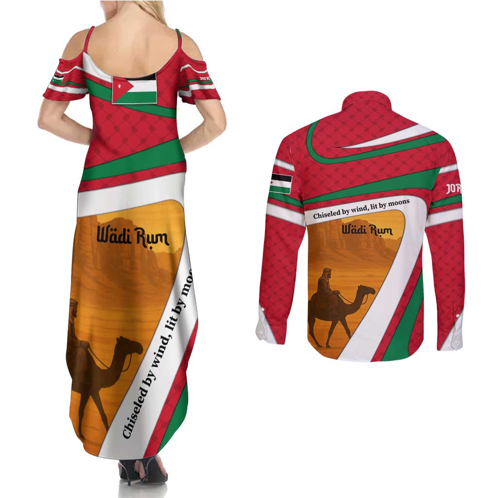 Wadi Rum Desert Couples Matching Summer Maxi Dress and Long Sleeve Button Shirt with Camel Rider and Jordan Flag Colors