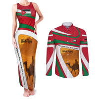 Wadi Rum Desert Couples Matching Tank Maxi Dress and Long Sleeve Button Shirt with Camel Rider and Jordan Flag Colors
