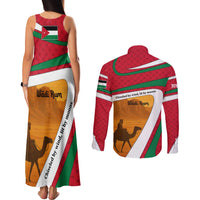 Wadi Rum Desert Couples Matching Tank Maxi Dress and Long Sleeve Button Shirt with Camel Rider and Jordan Flag Colors