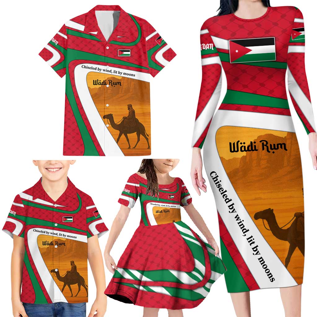 Wadi Rum Desert Family Matching Long Sleeve Bodycon Dress and Hawaiian Shirt with Camel Rider and Jordan Flag Colors