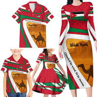 Wadi Rum Desert Family Matching Long Sleeve Bodycon Dress and Hawaiian Shirt with Camel Rider and Jordan Flag Colors