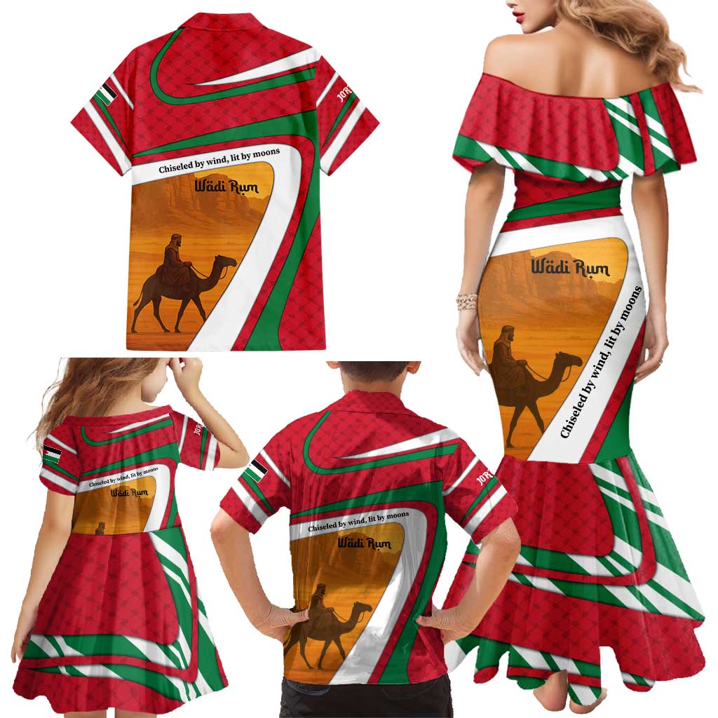 Wadi Rum Desert Family Matching Mermaid Dress and Hawaiian Shirt with Camel Rider and Jordan Flag Colors