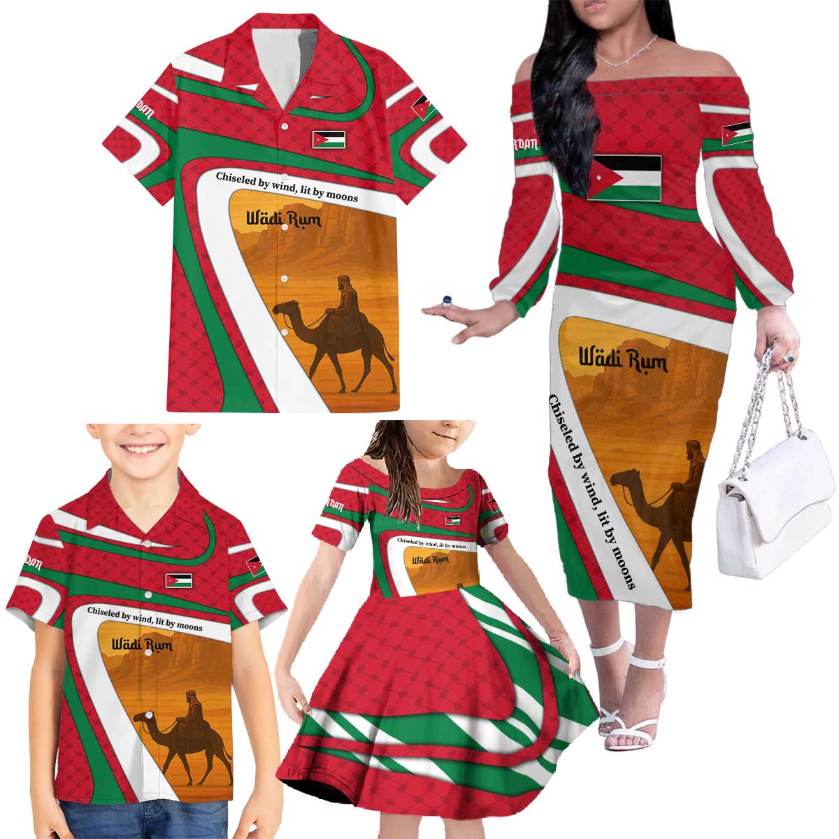 Wadi Rum Desert Family Matching Off The Shoulder Long Sleeve Dress and Hawaiian Shirt with Camel Rider and Jordan Flag Colors
