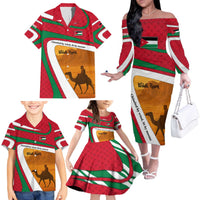 Wadi Rum Desert Family Matching Off The Shoulder Long Sleeve Dress and Hawaiian Shirt with Camel Rider and Jordan Flag Colors