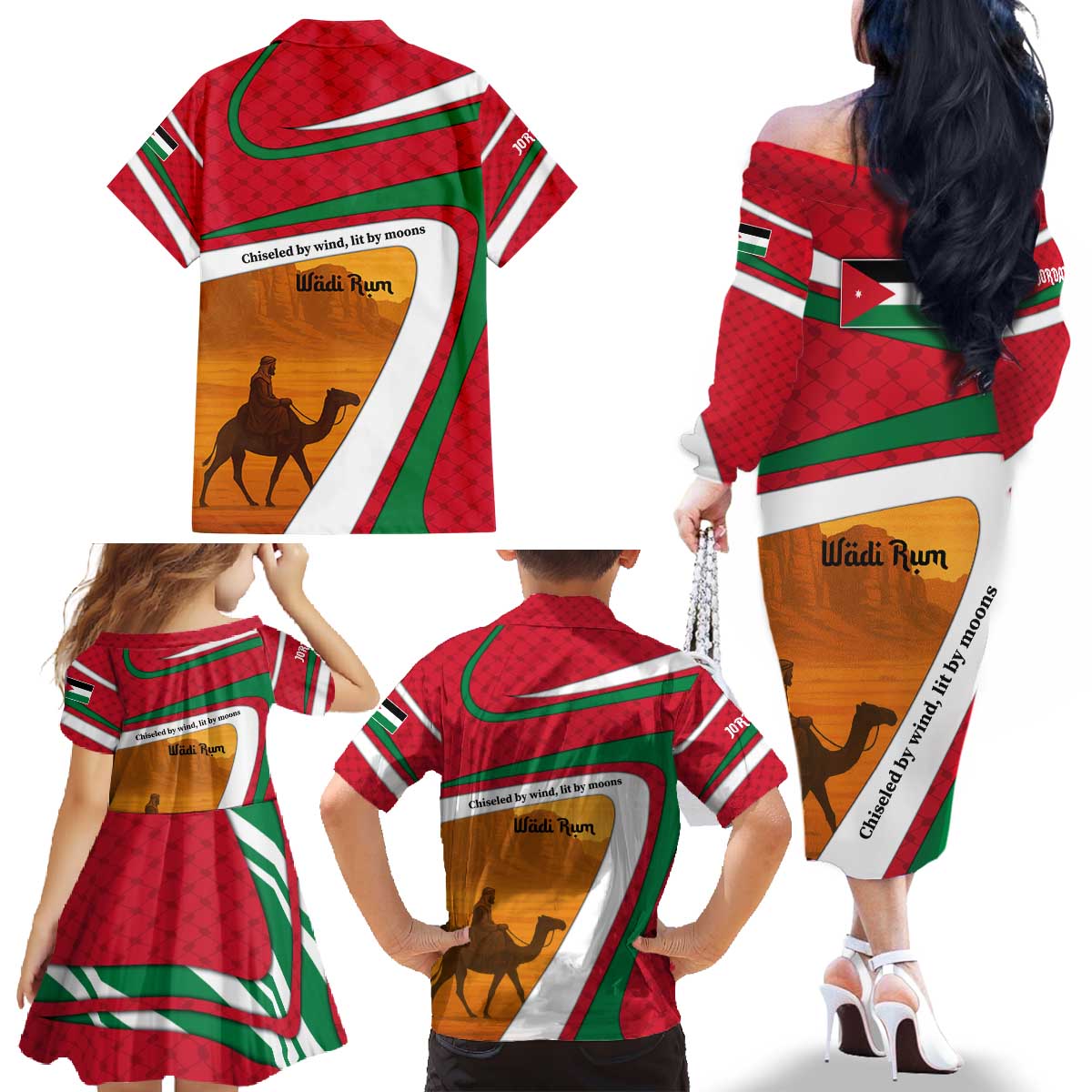 Wadi Rum Desert Family Matching Off The Shoulder Long Sleeve Dress and Hawaiian Shirt with Camel Rider and Jordan Flag Colors