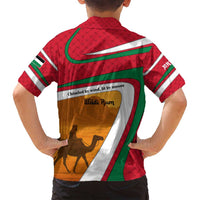 Wadi Rum Desert Family Matching Off Shoulder Maxi Dress and Hawaiian Shirt with Camel Rider and Jordan Flag Colors