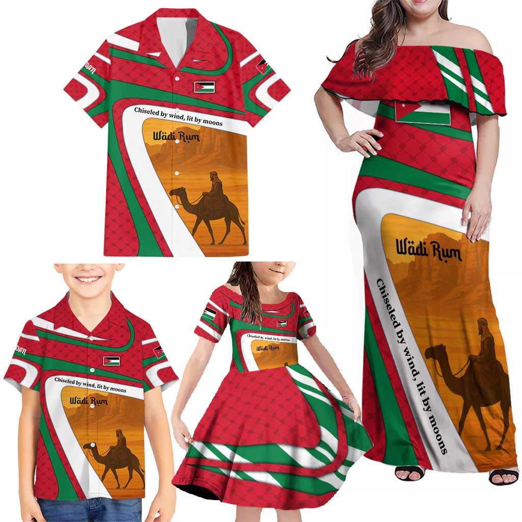 Wadi Rum Desert Family Matching Off Shoulder Maxi Dress and Hawaiian Shirt with Camel Rider and Jordan Flag Colors