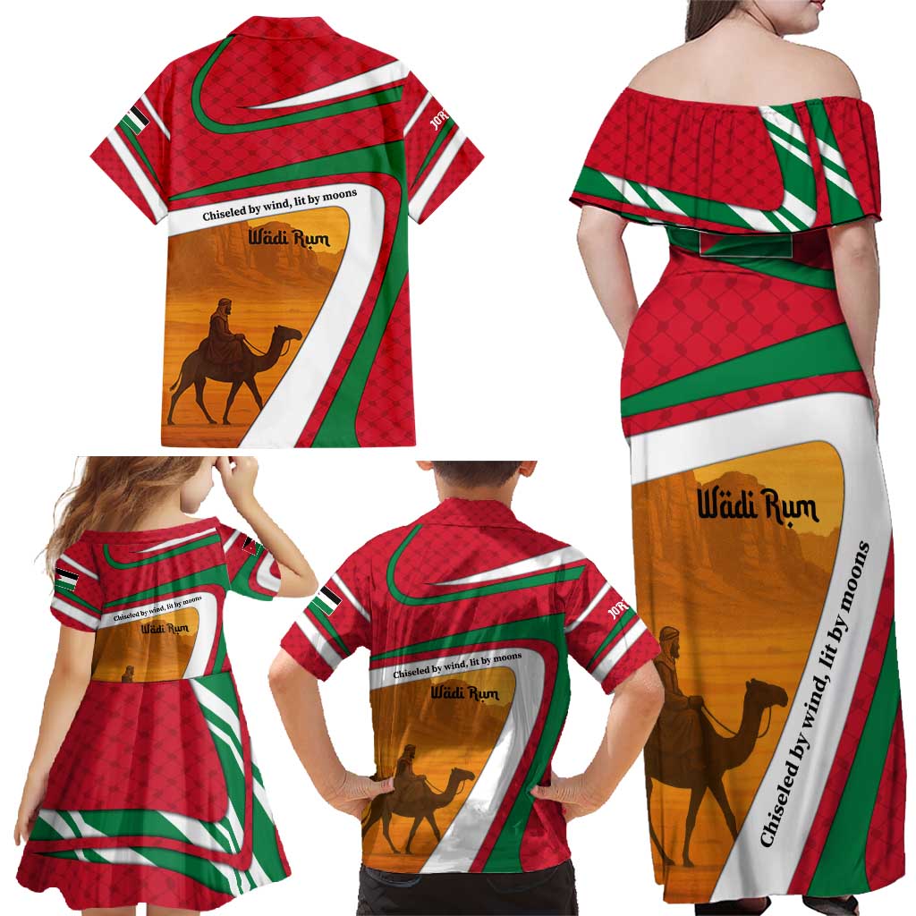 Wadi Rum Desert Family Matching Off Shoulder Maxi Dress and Hawaiian Shirt with Camel Rider and Jordan Flag Colors