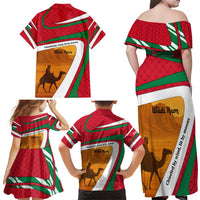 Wadi Rum Desert Family Matching Off Shoulder Maxi Dress and Hawaiian Shirt with Camel Rider and Jordan Flag Colors