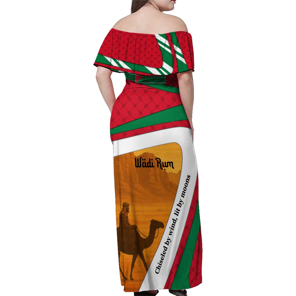Wadi Rum Desert Family Matching Off Shoulder Maxi Dress and Hawaiian Shirt with Camel Rider and Jordan Flag Colors