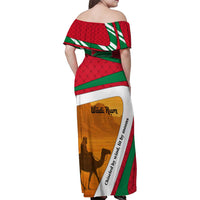 Wadi Rum Desert Family Matching Off Shoulder Maxi Dress and Hawaiian Shirt with Camel Rider and Jordan Flag Colors