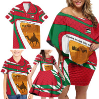 Wadi Rum Desert Family Matching Off Shoulder Short Dress and Hawaiian Shirt with Camel Rider and Jordan Flag Colors