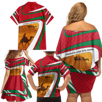 Wadi Rum Desert Family Matching Off Shoulder Short Dress and Hawaiian Shirt with Camel Rider and Jordan Flag Colors
