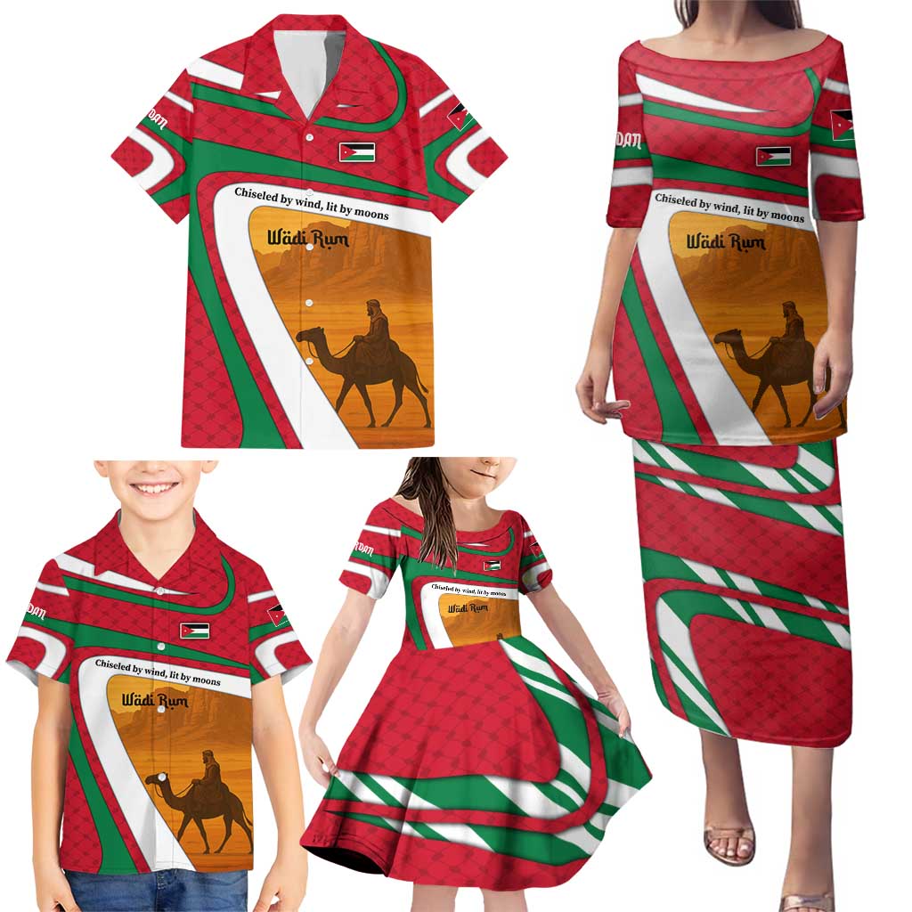 Wadi Rum Desert Family Matching Puletasi and Hawaiian Shirt with Camel Rider and Jordan Flag Colors