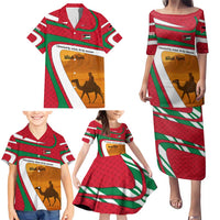 Wadi Rum Desert Family Matching Puletasi and Hawaiian Shirt with Camel Rider and Jordan Flag Colors