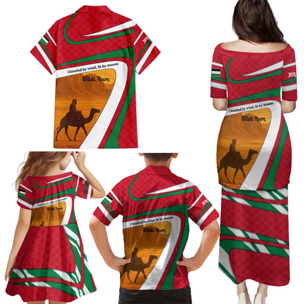 Wadi Rum Desert Family Matching Puletasi and Hawaiian Shirt with Camel Rider and Jordan Flag Colors