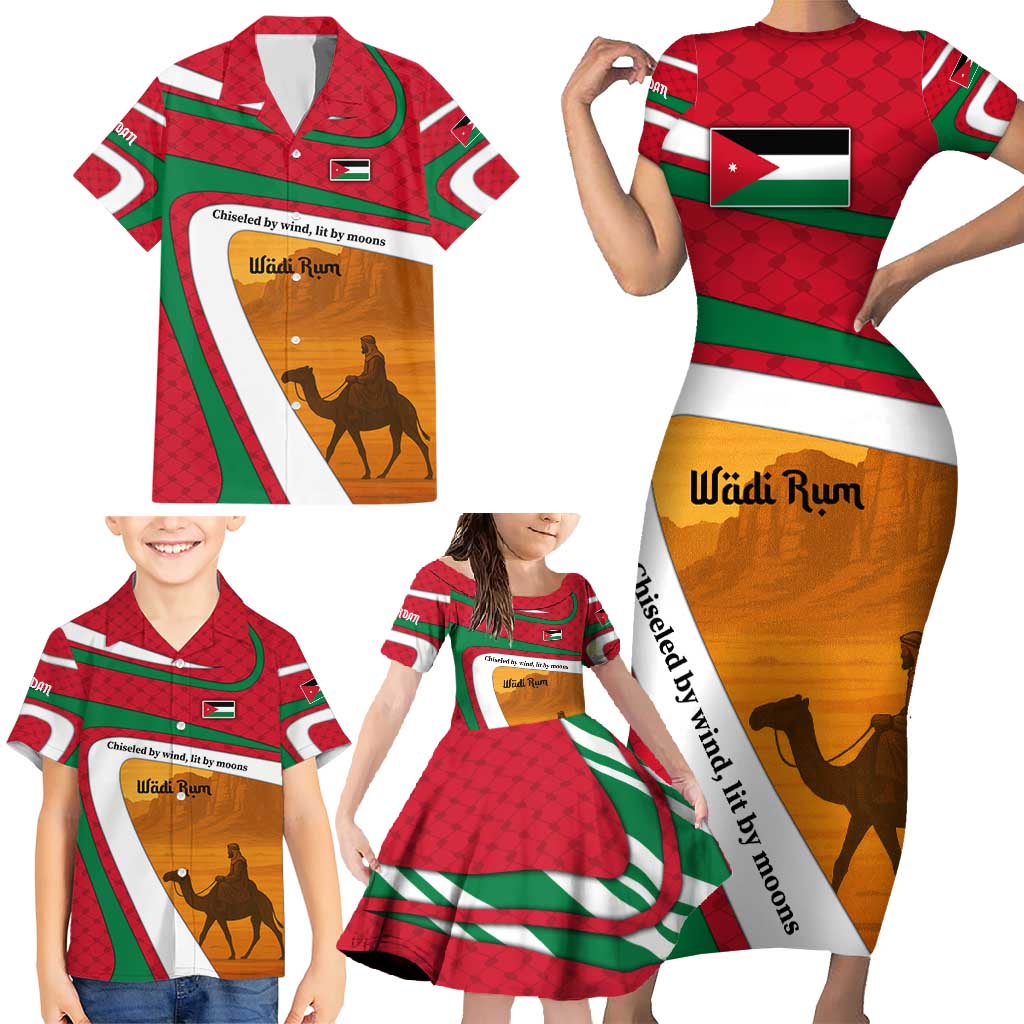 Wadi Rum Desert Family Matching Short Sleeve Bodycon Dress and Hawaiian Shirt with Camel Rider and Jordan Flag Colors