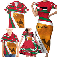 Wadi Rum Desert Family Matching Short Sleeve Bodycon Dress and Hawaiian Shirt with Camel Rider and Jordan Flag Colors