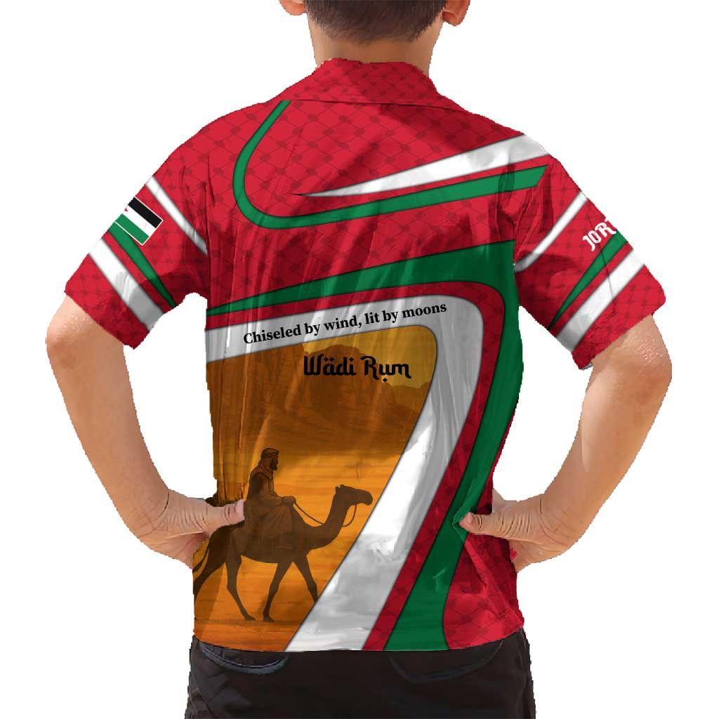 Wadi Rum Desert Family Matching Summer Maxi Dress and Hawaiian Shirt with Camel Rider and Jordan Flag Colors