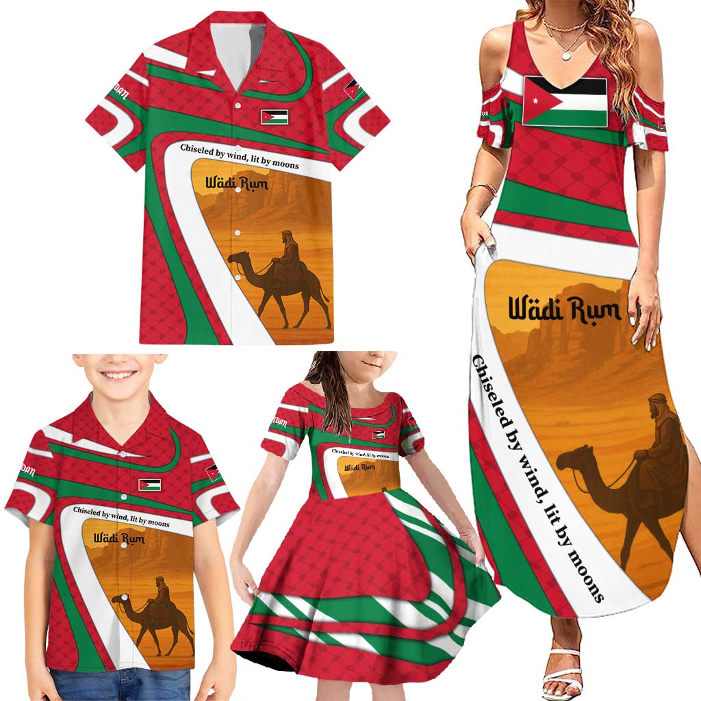 Wadi Rum Desert Family Matching Summer Maxi Dress and Hawaiian Shirt with Camel Rider and Jordan Flag Colors