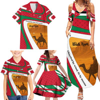 Wadi Rum Desert Family Matching Summer Maxi Dress and Hawaiian Shirt with Camel Rider and Jordan Flag Colors