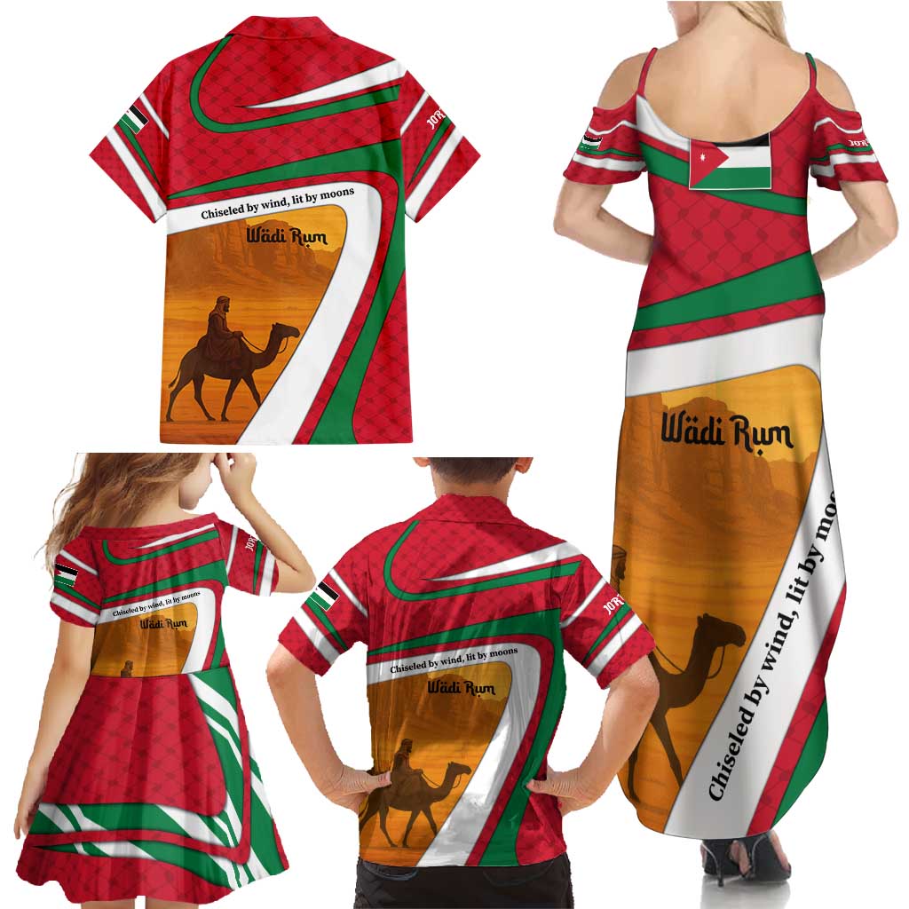 Wadi Rum Desert Family Matching Summer Maxi Dress and Hawaiian Shirt with Camel Rider and Jordan Flag Colors