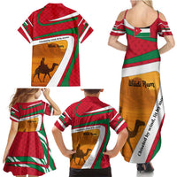 Wadi Rum Desert Family Matching Summer Maxi Dress and Hawaiian Shirt with Camel Rider and Jordan Flag Colors