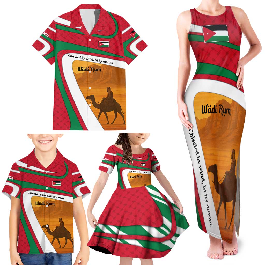 Wadi Rum Desert Family Matching Tank Maxi Dress and Hawaiian Shirt with Camel Rider and Jordan Flag Colors