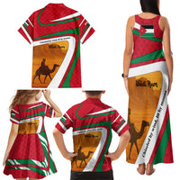 Wadi Rum Desert Family Matching Tank Maxi Dress and Hawaiian Shirt with Camel Rider and Jordan Flag Colors