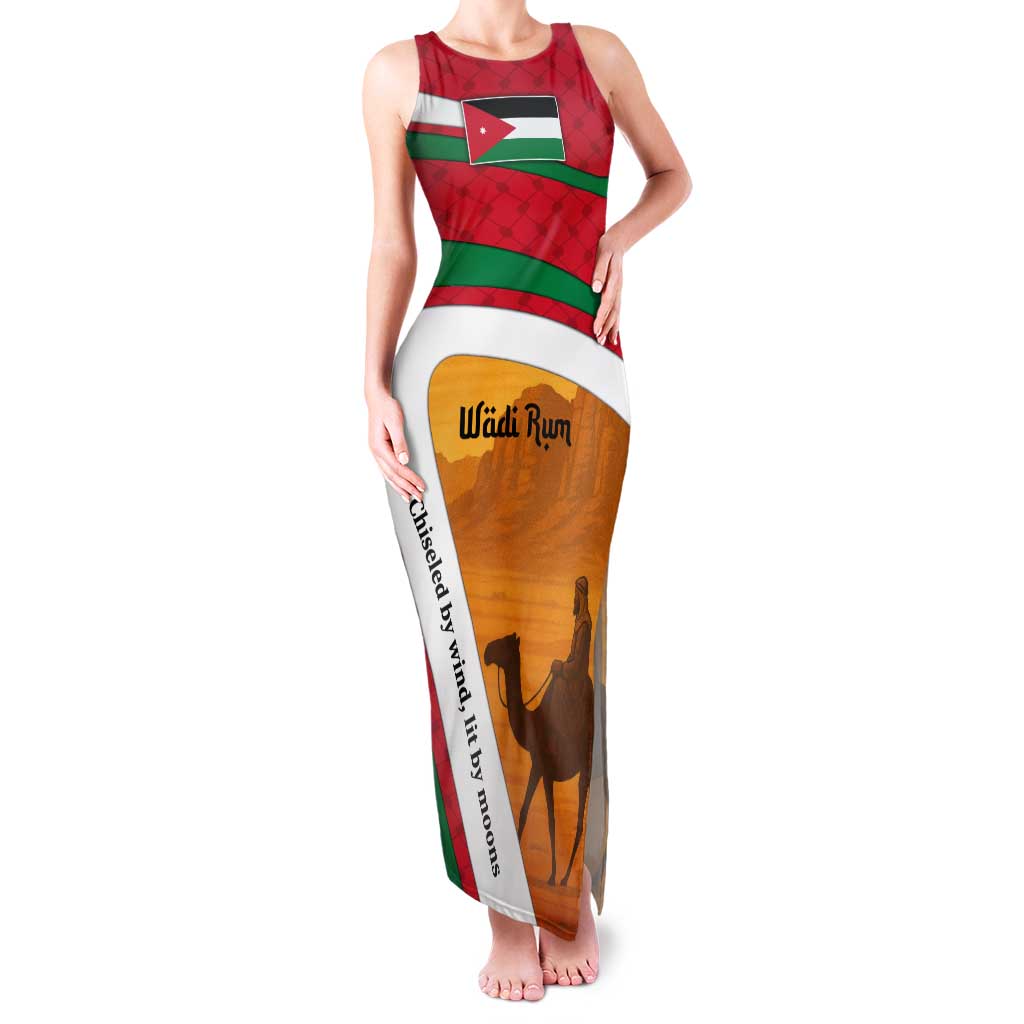 Wadi Rum Desert Family Matching Tank Maxi Dress and Hawaiian Shirt with Camel Rider and Jordan Flag Colors