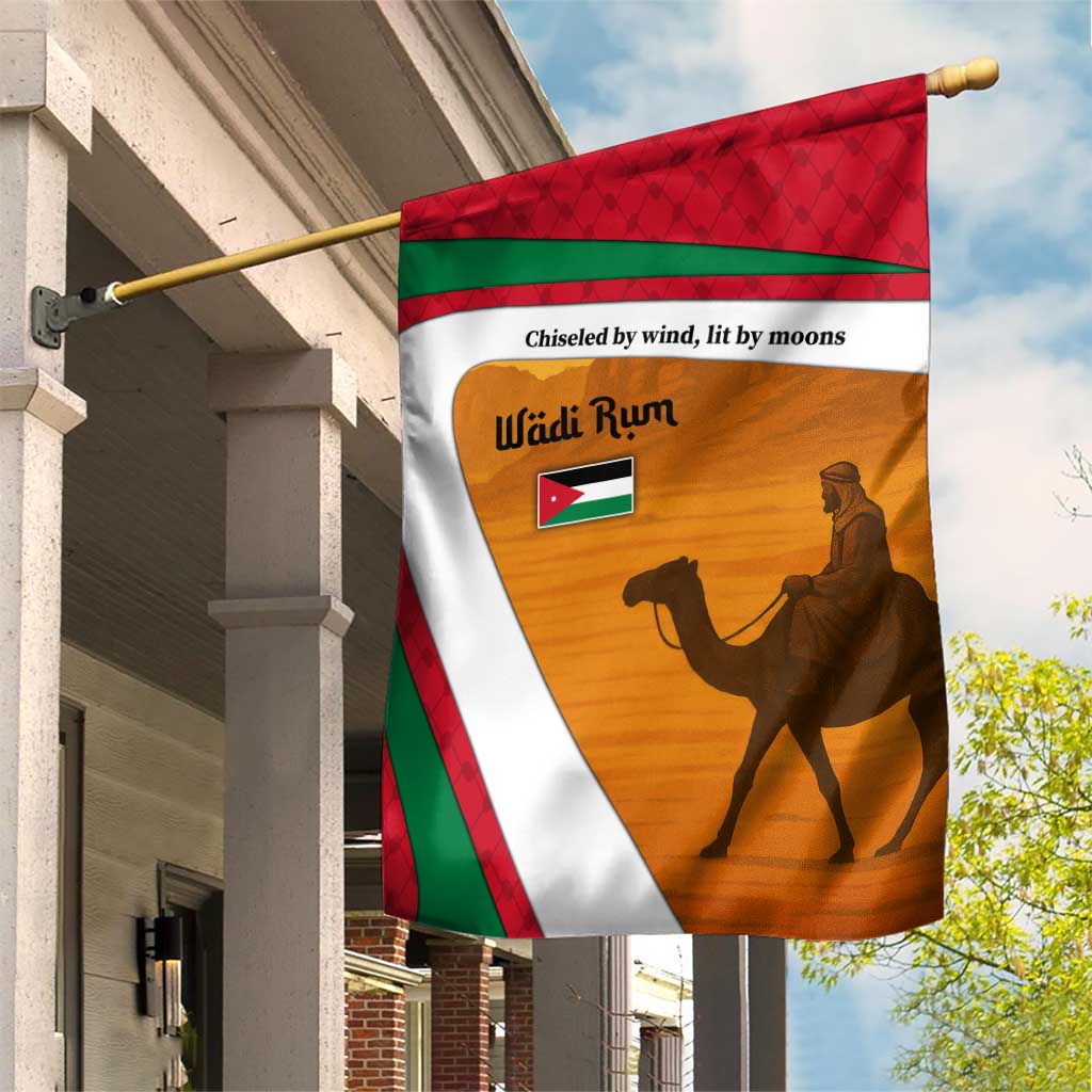 Wadi Rum Desert Garden Flag with Camel Rider and Jordan Flag Colors