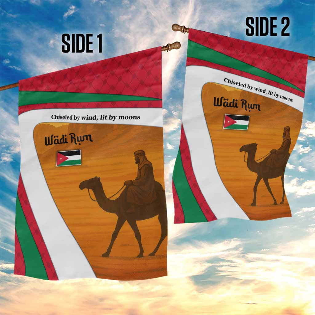Wadi Rum Desert Garden Flag with Camel Rider and Jordan Flag Colors