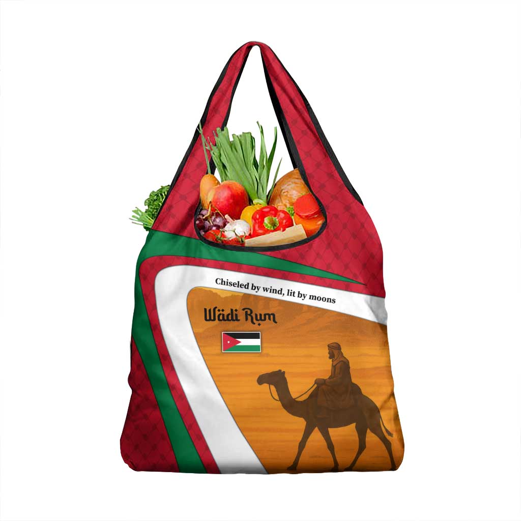 Wadi Rum Desert Grocery Bag with Camel Rider and Jordan Flag Colors