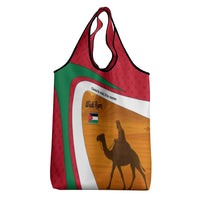 Wadi Rum Desert Grocery Bag with Camel Rider and Jordan Flag Colors