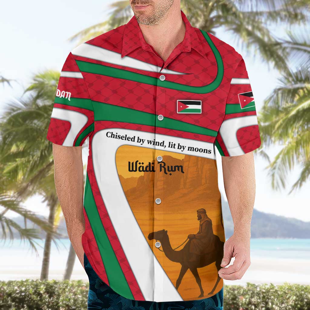 Wadi Rum Desert Hawaiian Shirt with Camel Rider and Jordan Flag Colors