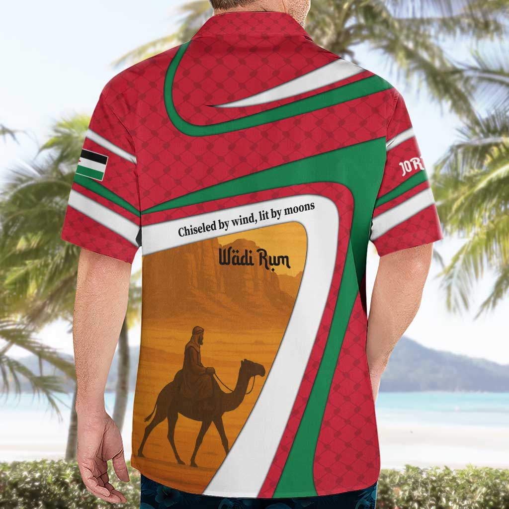 Wadi Rum Desert Hawaiian Shirt with Camel Rider and Jordan Flag Colors