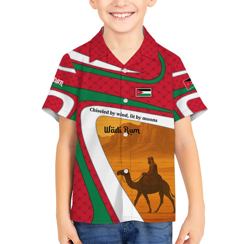 Wadi Rum Desert Kid Hawaiian Shirt with Camel Rider and Jordan Flag Colors