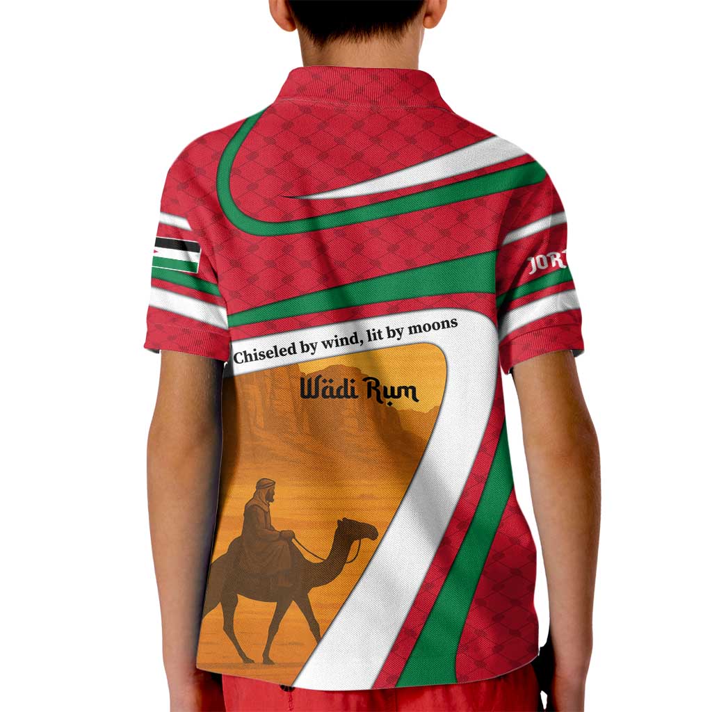 Wadi Rum Desert Kid Polo Shirt with Camel Rider and Jordan Flag Colors