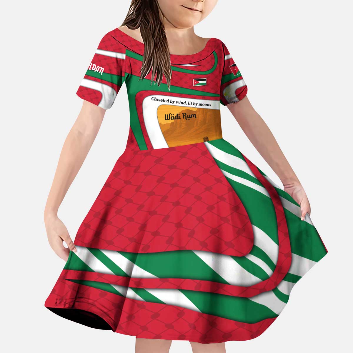 Wadi Rum Desert Kid Short Sleeve Dress with Camel Rider and Jordan Flag Colors