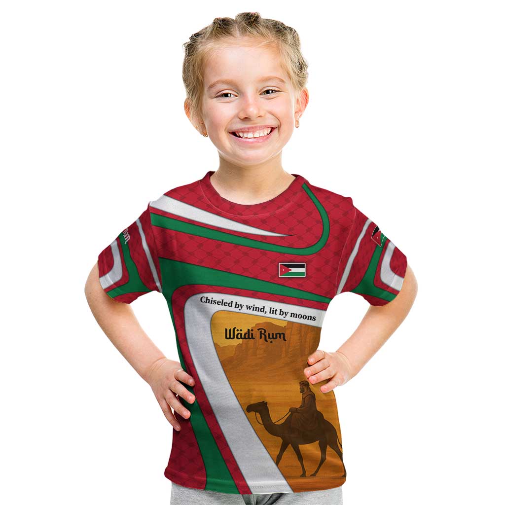 Wadi Rum Desert Kid T Shirt with Camel Rider and Jordan Flag Colors