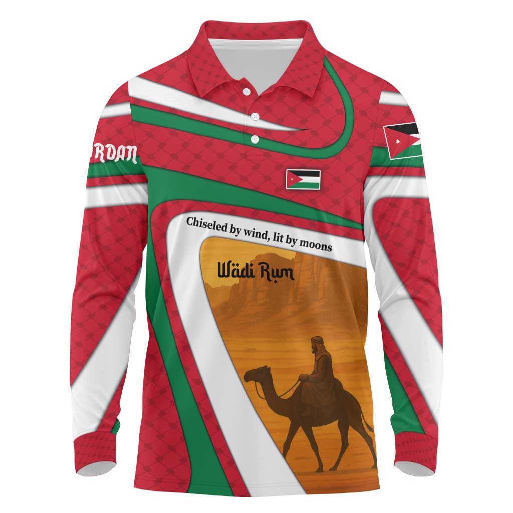 Wadi Rum Desert Long Sleeve Polo Shirt with Camel Rider and Jordan Flag Colors