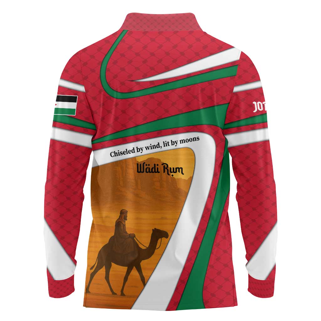 Wadi Rum Desert Long Sleeve Polo Shirt with Camel Rider and Jordan Flag Colors
