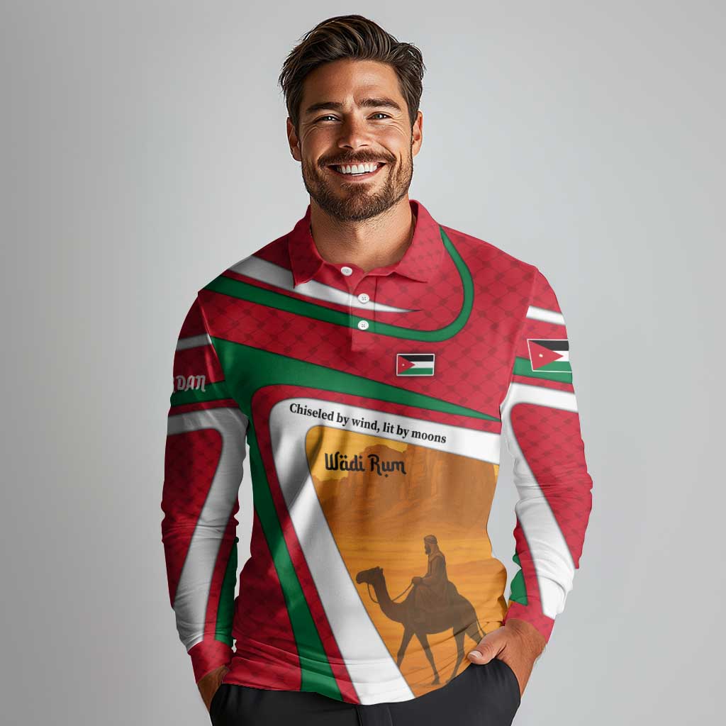 Wadi Rum Desert Long Sleeve Polo Shirt with Camel Rider and Jordan Flag Colors