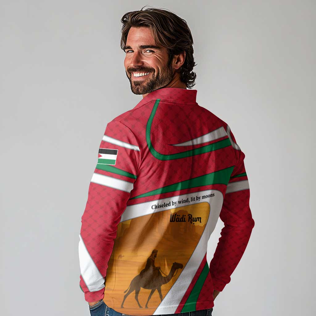 Wadi Rum Desert Long Sleeve Polo Shirt with Camel Rider and Jordan Flag Colors
