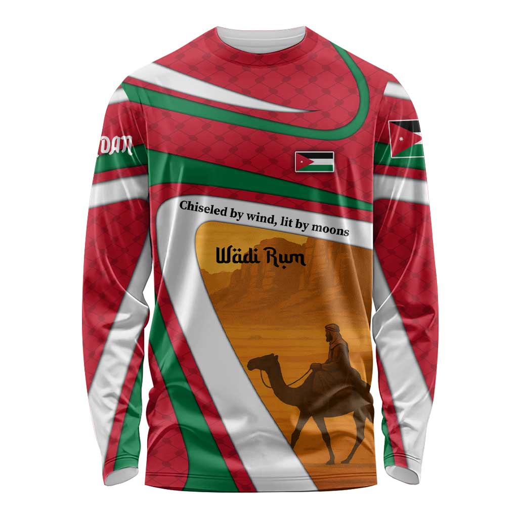 Wadi Rum Desert Long Sleeve Shirt with Camel Rider and Jordan Flag Colors